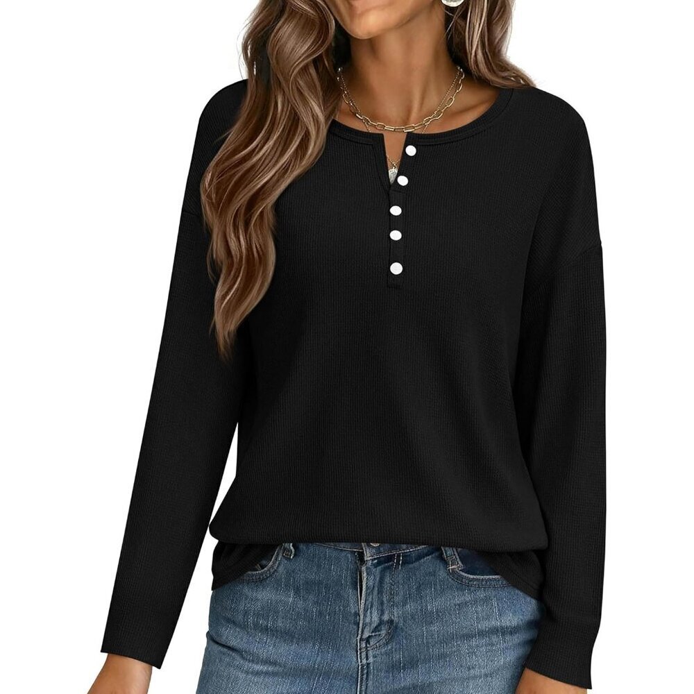 Waffle Knit Top Women Fall Long Sleeve Henley Casual Blouse Lightweight